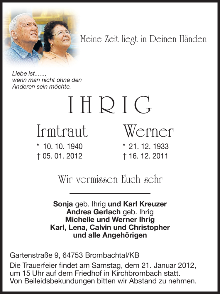  Traueranzeige für Irmtraut und Werner Ihrig vom 14.01.2012 aus Odenwälder Echo