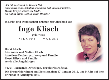 Traueranzeige von Inge Klisch von Echo-Zeitungen (Gesamtausgabe)