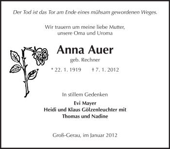Traueranzeige von Anna Auer von Rüsselsheimer Echo, Groß-Gerauer-Echo, Ried Echo