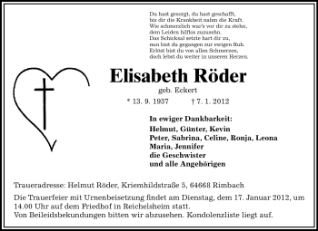 Traueranzeige von Elisabeth Röder von Odenwälder Echo