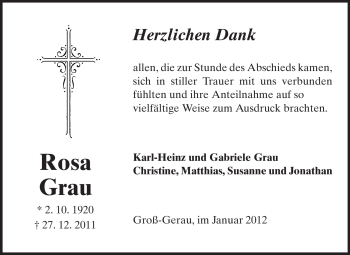 Traueranzeige von Rosa Grau von Rüsselsheimer Echo, Groß-Gerauer-Echo, Ried Echo
