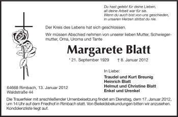 Traueranzeige von Margarete Blatt von Starkenburger Echo