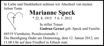 Traueranzeige von Marianne Speck von Odenwälder Echo