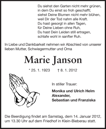 Traueranzeige von Marie Janson von Echo-Zeitungen (Gesamtausgabe)