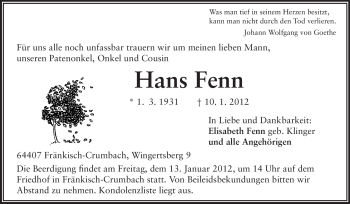 Traueranzeige von Hans Fenn von Echo-Zeitungen (Gesamtausgabe)