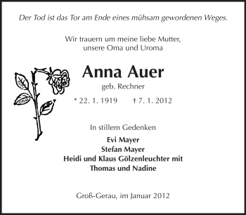 Traueranzeige von Anna Auer von Rüsselsheimer Echo, Groß-Gerauer-Echo, Ried Echo