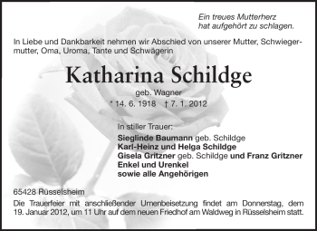 Traueranzeige von Katharina Schildge von Rüsselsheimer Echo, Groß-Gerauer-Echo, Ried Echo
