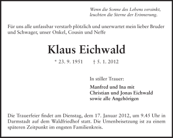 Traueranzeige von Klaus Werner Eichwald von Echo-Zeitungen (Gesamtausgabe)