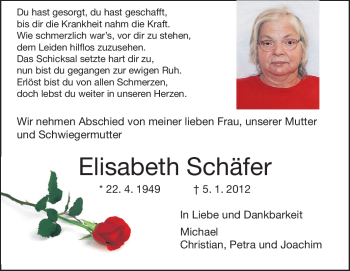Traueranzeige von Elisabeth Schäfer von Darmstädter Echo, Odenwälder Echo, Rüsselsheimer Echo, Groß-Gerauer-Echo, Ried Echo