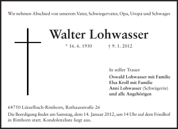 Traueranzeige von Walter Lohwasser von Odenwälder Echo