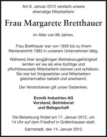 Traueranzeige von Margarete Bretthauer von Echo-Zeitungen (Gesamtausgabe)