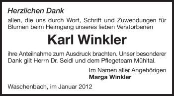 Traueranzeige von Karl Winkler von Echo-Zeitungen (Gesamtausgabe)