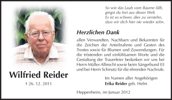 Traueranzeige von Wilfried Reider von Starkenburger Echo