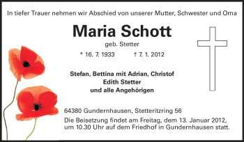 Traueranzeige von Maria Schott von Echo-Zeitungen (Gesamtausgabe)