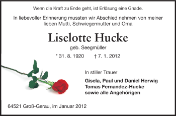 Traueranzeige von Liselotte Hucke von Rüsselsheimer Echo, Groß-Gerauer-Echo, Ried Echo