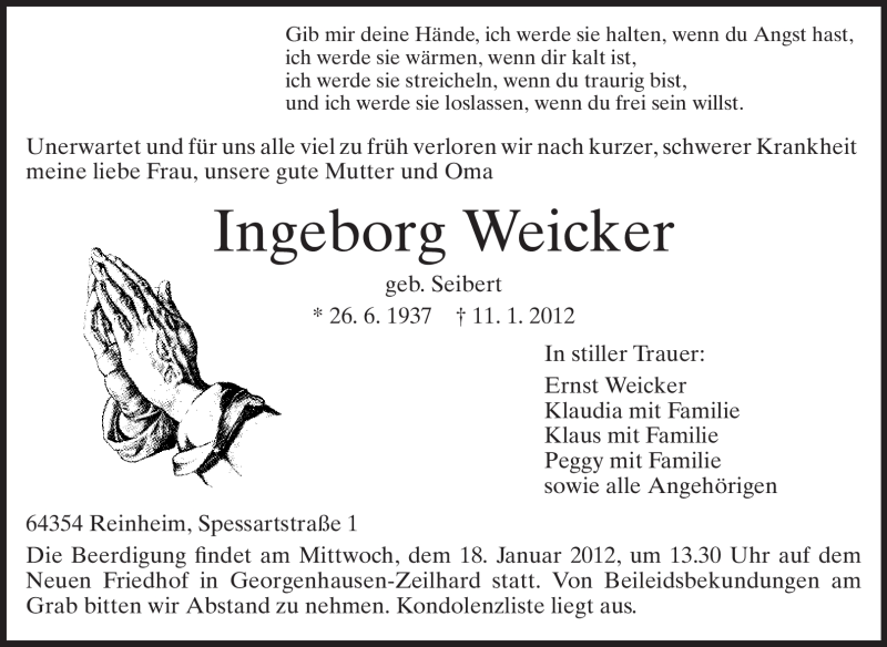  Traueranzeige für Ingeborg Weicker vom 14.01.2012 aus Echo-Zeitungen (Gesamtausgabe)