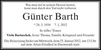 Traueranzeige von Günter Barth von Echo-Zeitungen (Gesamtausgabe)