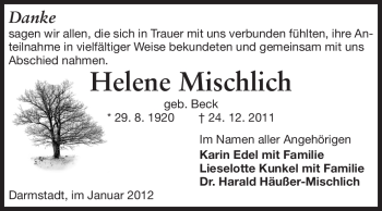 Traueranzeige von Helene Mischlich von Echo-Zeitungen (Gesamtausgabe)