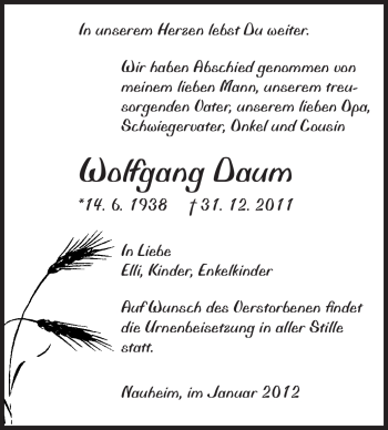 Traueranzeige von Wolfgang Daum von Rüsselsheimer Echo, Groß-Gerauer-Echo, Ried Echo