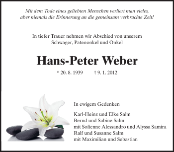 Traueranzeige von Hans-Peter Weber von Echo-Zeitungen (Gesamtausgabe)