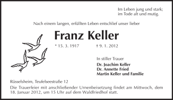 Traueranzeige von Franz Keller von Rüsselsheimer Echo, Groß-Gerauer-Echo, Ried Echo