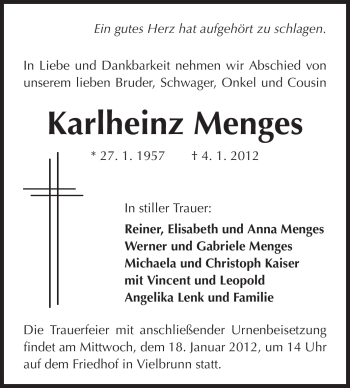 Traueranzeige von Karlheinz Menges von Odenwälder Echo