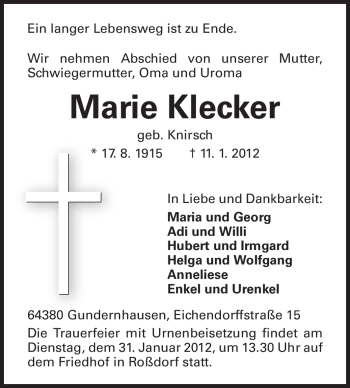 Traueranzeige von Marie Klecker von Echo-Zeitungen (Gesamtausgabe)