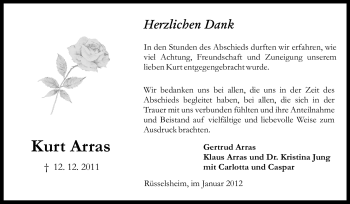 Traueranzeige von Kurt Eugen Arras von Rüsselsheimer Echo, Groß-Gerauer-Echo, Ried Echo