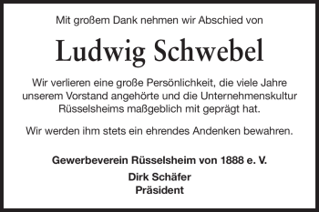 Traueranzeige von Ludwig Schwebel von Echo-Zeitungen (Gesamtausgabe)