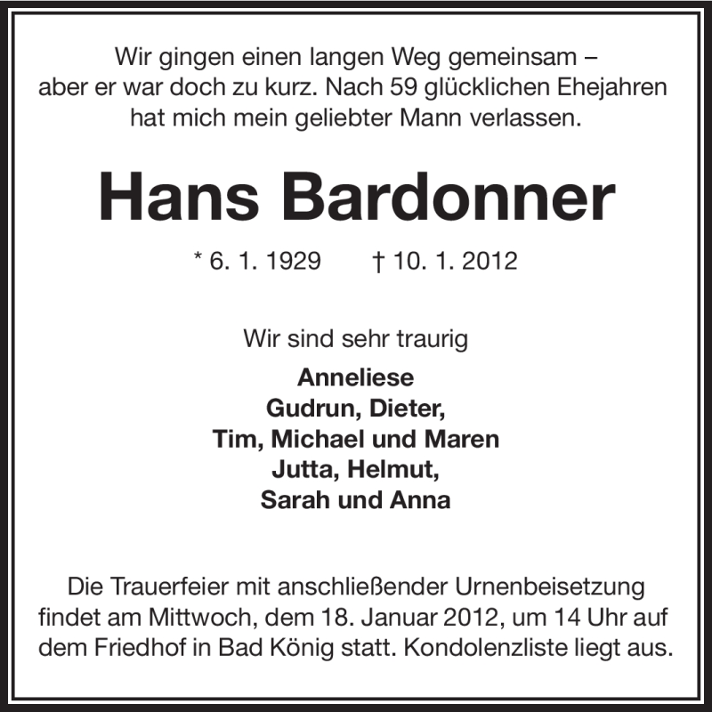  Traueranzeige für Hans Bardonner vom 14.01.2012 aus Echo-Zeitungen (Gesamtausgabe)