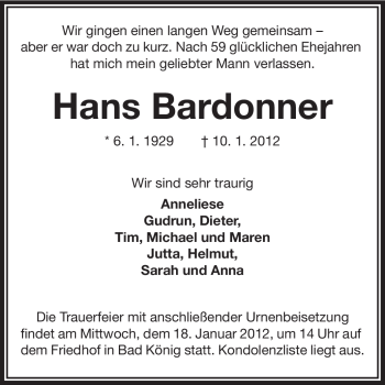 Traueranzeige von Hans Bardonner von Echo-Zeitungen (Gesamtausgabe)