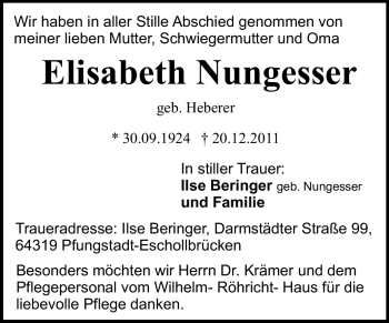 Traueranzeige von Elisabeth Nungesser von Echo-Zeitungen (Gesamtausgabe)