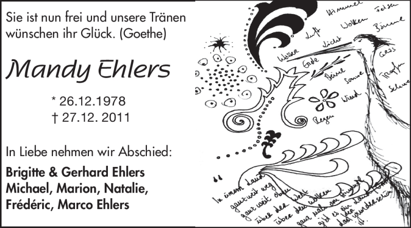  Traueranzeige für Mandy Ehlers vom 14.01.2012 aus Echo-Zeitungen (Gesamtausgabe)