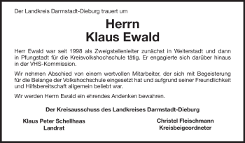 Traueranzeige von Klaus Ewald von Echo-Zeitungen (Gesamtausgabe)