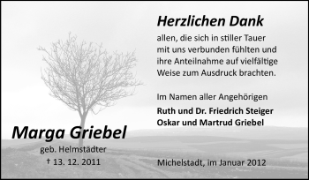 Traueranzeige von Marga Griebel von Odenwälder Echo