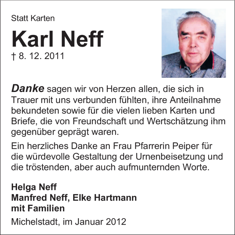  Traueranzeige für Karl Neff vom 14.01.2012 aus Odenwälder Echo