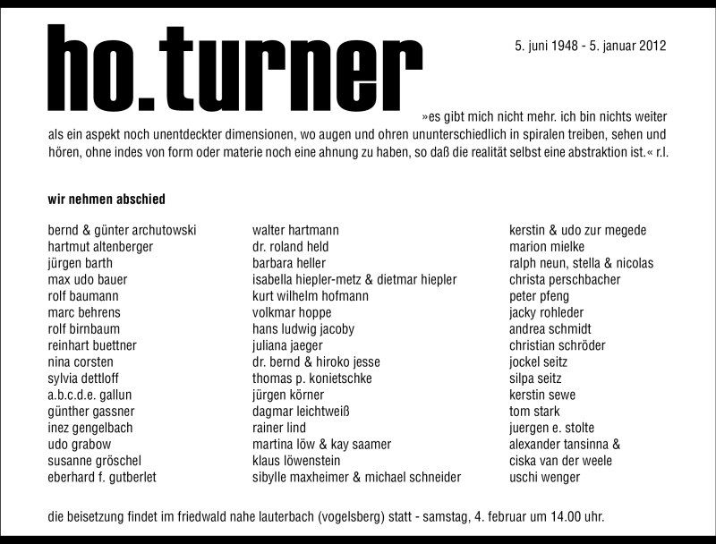  Traueranzeige für Horst Turner vom 14.01.2012 aus Echo-Zeitungen (Gesamtausgabe)