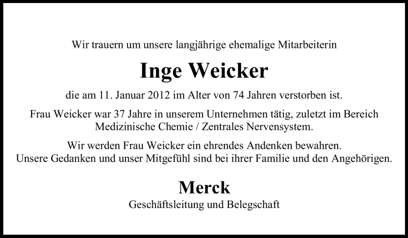  Traueranzeige für Ingeborg Weicker vom 16.01.2012 aus Echo-Zeitungen (Gesamtausgabe)