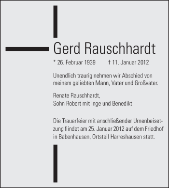 Traueranzeige von Gerd Rauschhardt von Darmstädter Echo, Odenwälder Echo, Rüsselsheimer Echo, Groß-Gerauer-Echo, Ried Echo