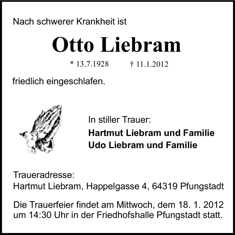  Traueranzeige für Otto Liebram vom 14.01.2012 aus Echo-Zeitungen (Gesamtausgabe)