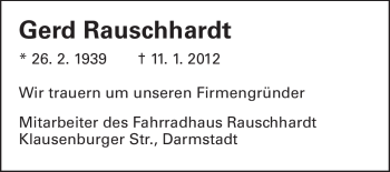 Traueranzeige von Gerd Rauschhardt von Darmstädter Echo, Odenwälder Echo, Rüsselsheimer Echo, Groß-Gerauer-Echo, Ried Echo