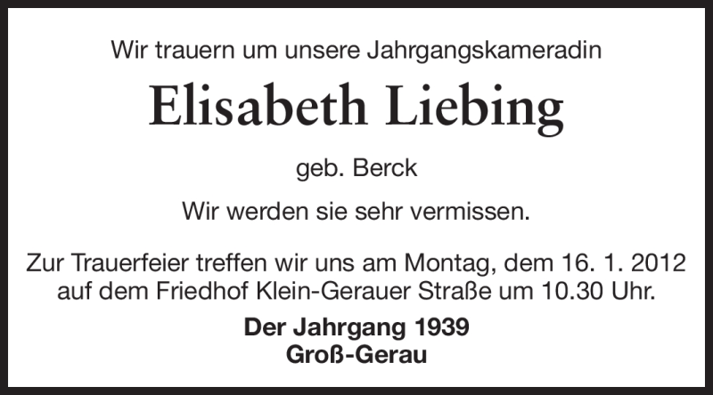  Traueranzeige für Elisabeth Liebing vom 14.01.2012 aus Rüsselsheimer Echo, Groß-Gerauer-Echo, Ried Echo