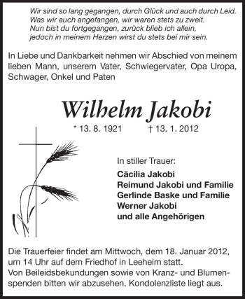 Traueranzeige von Wilhelm Jakobi von Rüsselsheimer Echo, Groß-Gerauer-Echo, Ried Echo