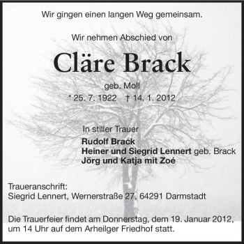 Traueranzeige von Cläre Brack von Echo-Zeitungen (Gesamtausgabe)