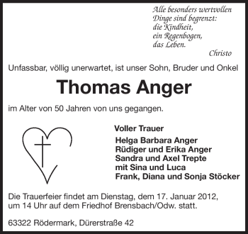 Traueranzeige von Thomas Anger von Echo-Zeitungen (Gesamtausgabe)