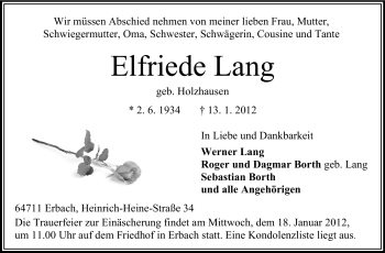 Traueranzeige von Elfriede Lang von Odenwälder Echo