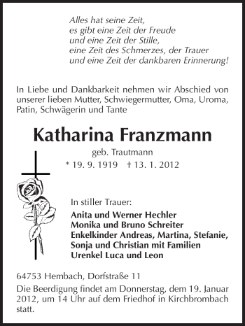 Traueranzeige von Katharina Franzmann von Odenwälder Echo