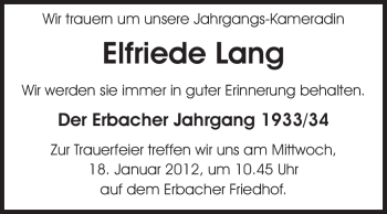 Traueranzeige von Elfriede Lang von Odenwälder Echo