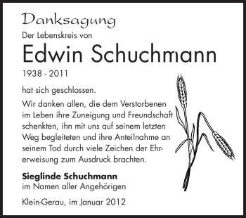 Traueranzeige von Edwin Schuchmann von Rüsselsheimer Echo, Groß-Gerauer-Echo, Ried Echo