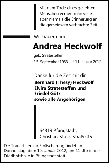 Traueranzeige von Andrea Heckwolf von Echo-Zeitungen (Gesamtausgabe)